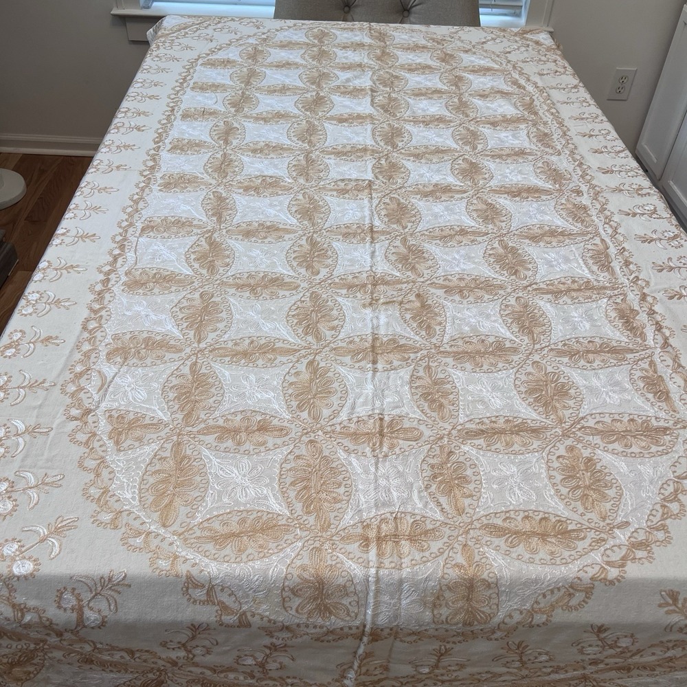 Vintage Aghabani Embroidered Orientalist Cotton Silk Tablecloth/11 Napkins 92x60